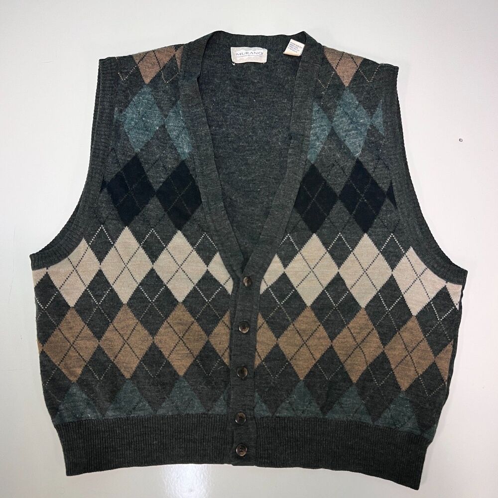 Murano Argyle Sweater Vest XL Gray Wool Blend Button V-Neck Grandpa Preppy Vtg